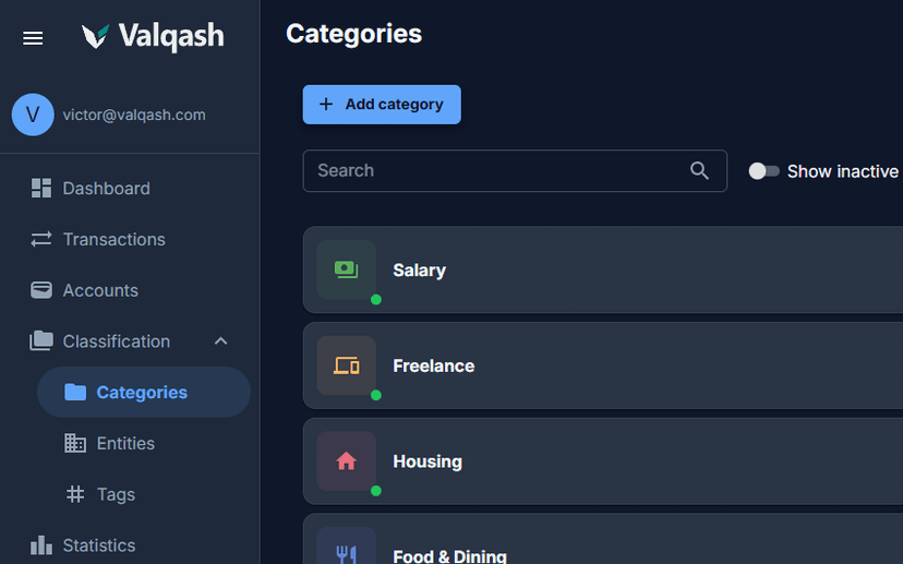 Valqash categories screen, with the classification menu open on categories, entities and tags