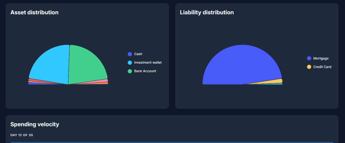 Valqash statistics screen, showing the asset distribution and liability distribution charts