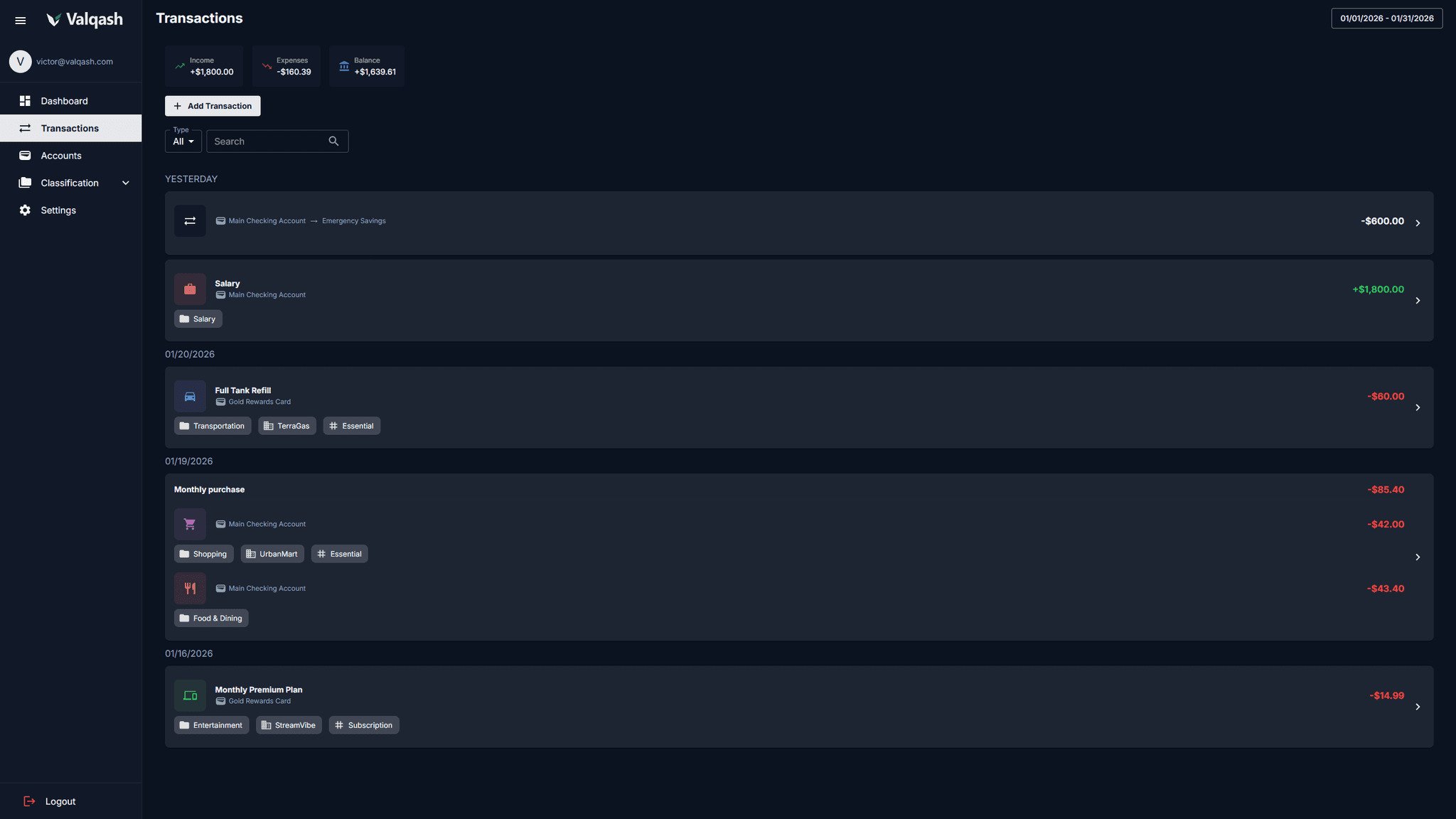 Valqash dashboard showing monthly income and expense balance